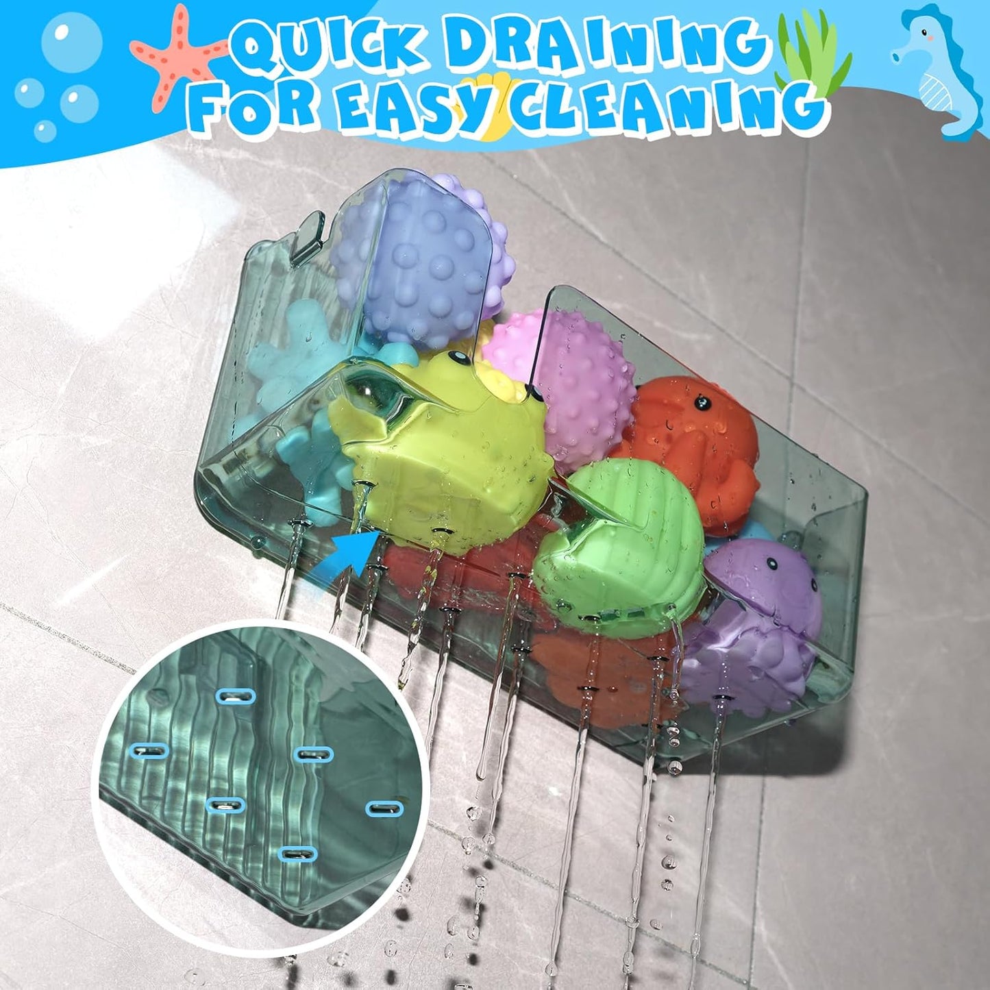 2-Pack Clear Bath Toy Storage Holder Organizer, Large Capacity Durable Plastic Bathtub Shower Caddy with Drain Holes, Quick-Dry Drainable Easy Install (Transparent Green 2-Pack)