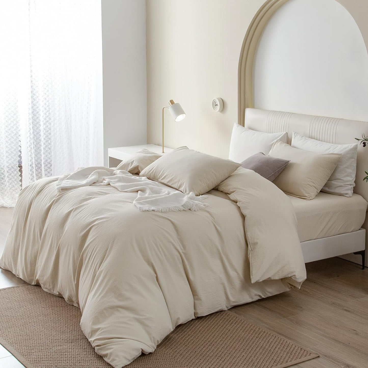 JIYUAN 100% Washed Cotton Duvet Cover Set 3 Pieces Alaska King, 1 Duvet Cover 132x120 Inches(Comforter Not Included) and 2 Pillowcases,Linen Feel Bedding Set Comfy and Breathable,Heathered Beige