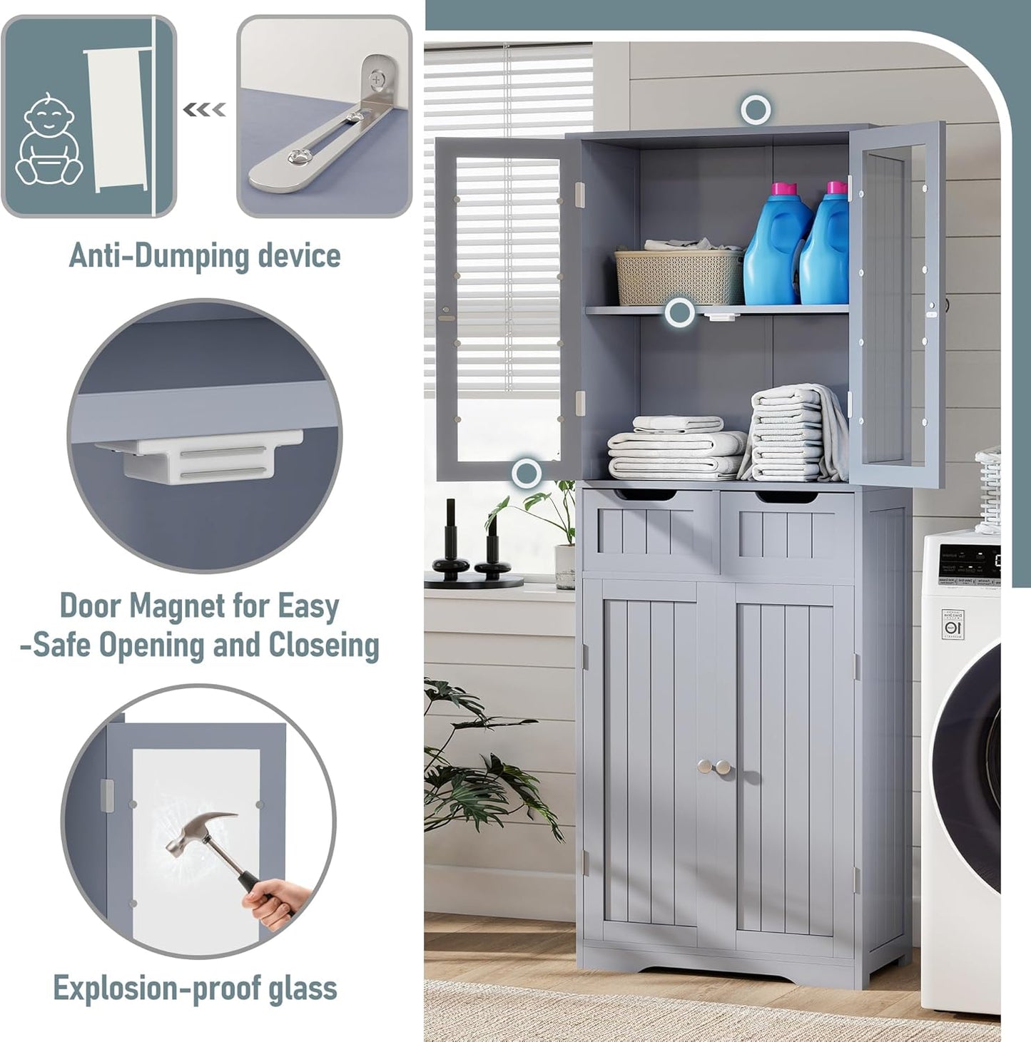 TOLEAD 67" Tall White Bathroom Cabinet Storage Cabinet, Freestanding Storage Cabinet with Glass Door and Adjustable Shelves, Bathroom Cabinet for Living Room, Kitchen, Dining, (Grey)