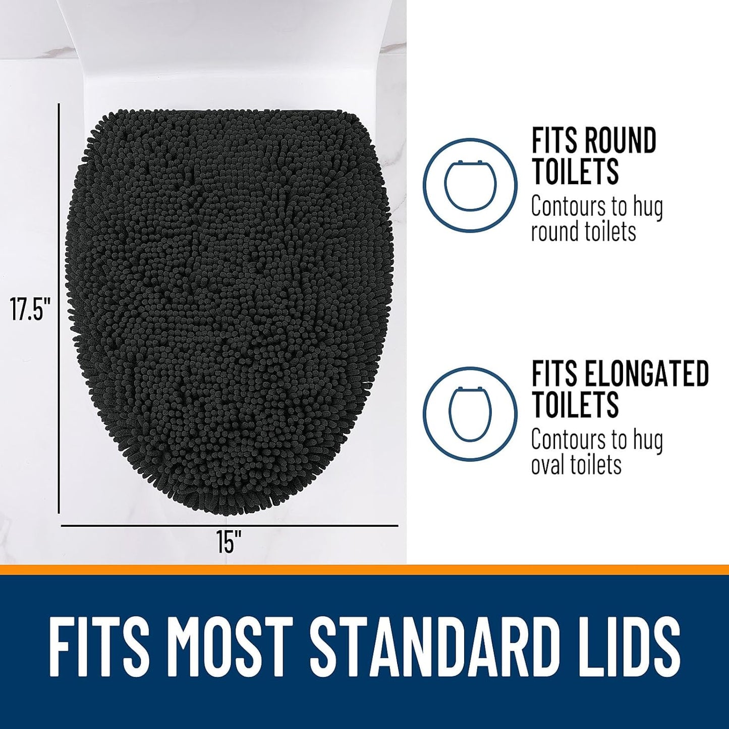 OLANLY Soft Chenille Bathroom Toilet Lid Cover, Machine Washable Seat Covers, 17.5x15, Stays in Place Rubber Backing, Fits Most Round, Elongated and Oblong Lids, Accessories Decor, Black