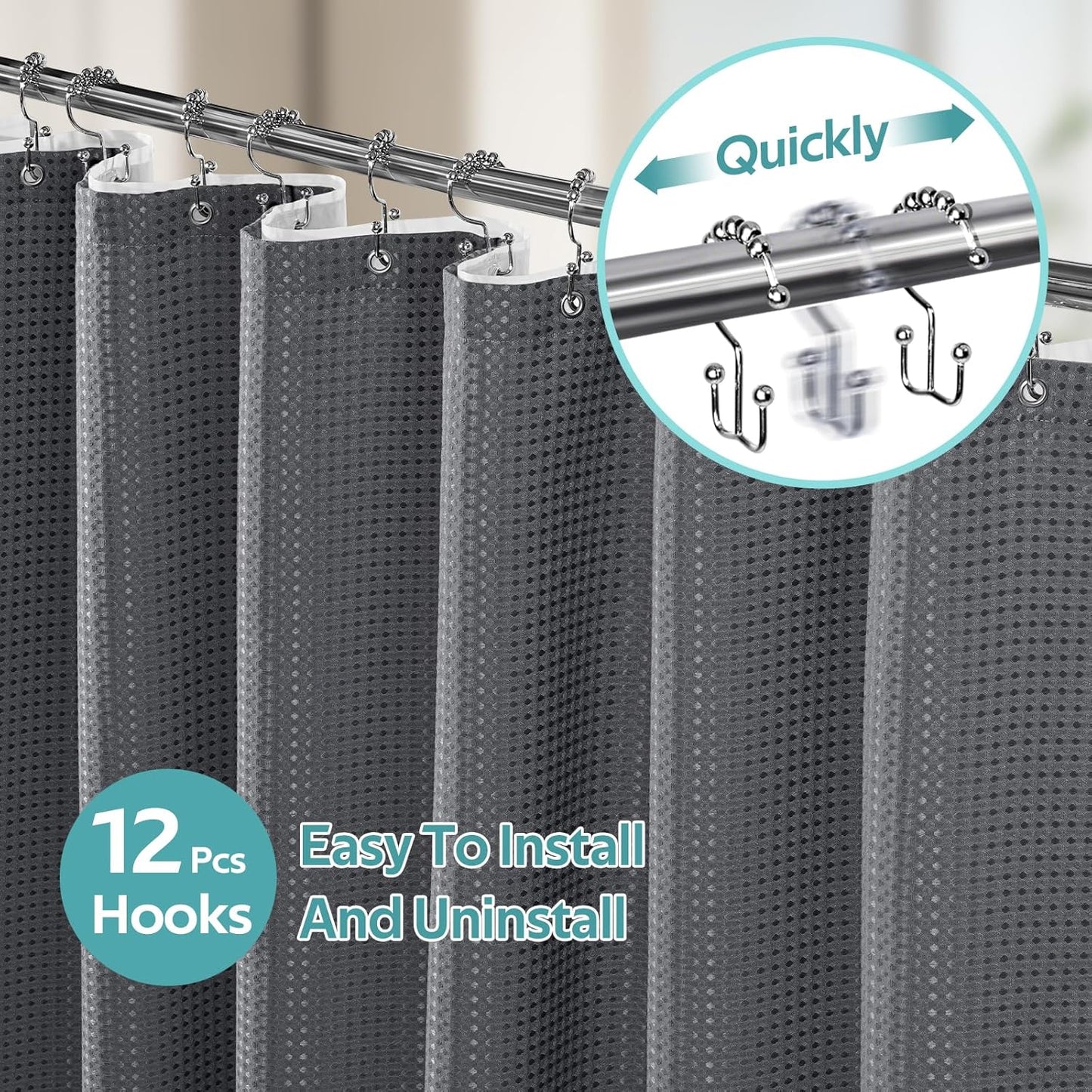 3 in 1 Shower Curtain Set, Waffle Shower Curtain and Liner Set with 12 Double Sided Shower Curtain Hooks, 258GSM Luxury Weighted Cloth Shower Curtains for Bathroom,72 W x 72 H,Graphite Gray