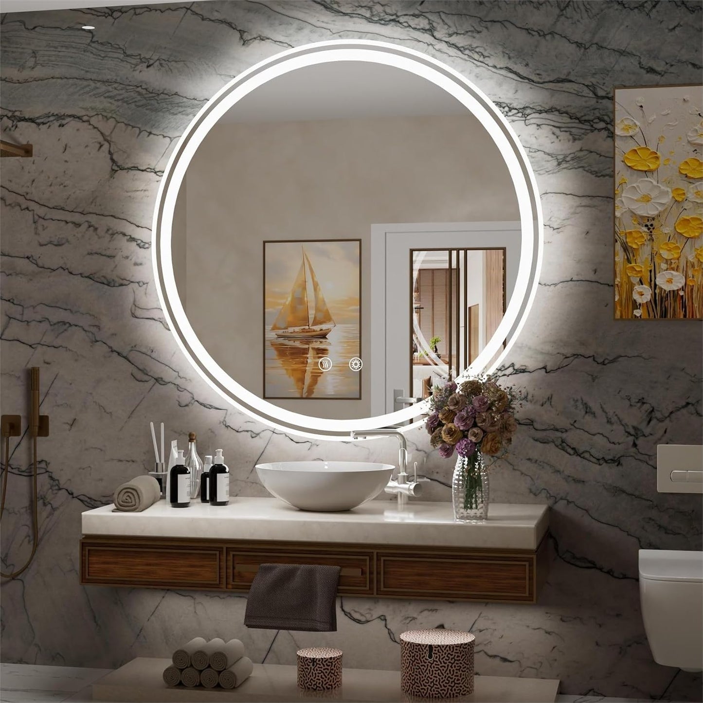 32 Inch Round LED Bathroom Mirror with Anti-Fog, Dimmable Front & Backlit Lights, 6000K Daylight, Frameless, 5mm HD Glass, Memory Function, Touch Control