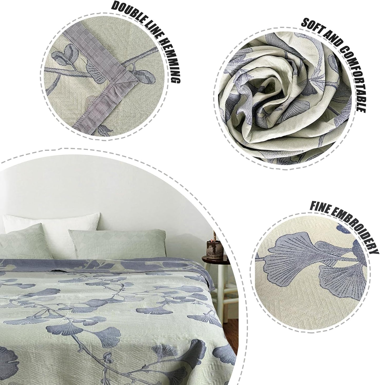 Ginkgo Leaf Cotton Quilt Green Gray Reversible King Size Bedspread Coverlet for All Seasons Lightweight Muslin Quilt Throw Blanket for Bed, Couch(King)