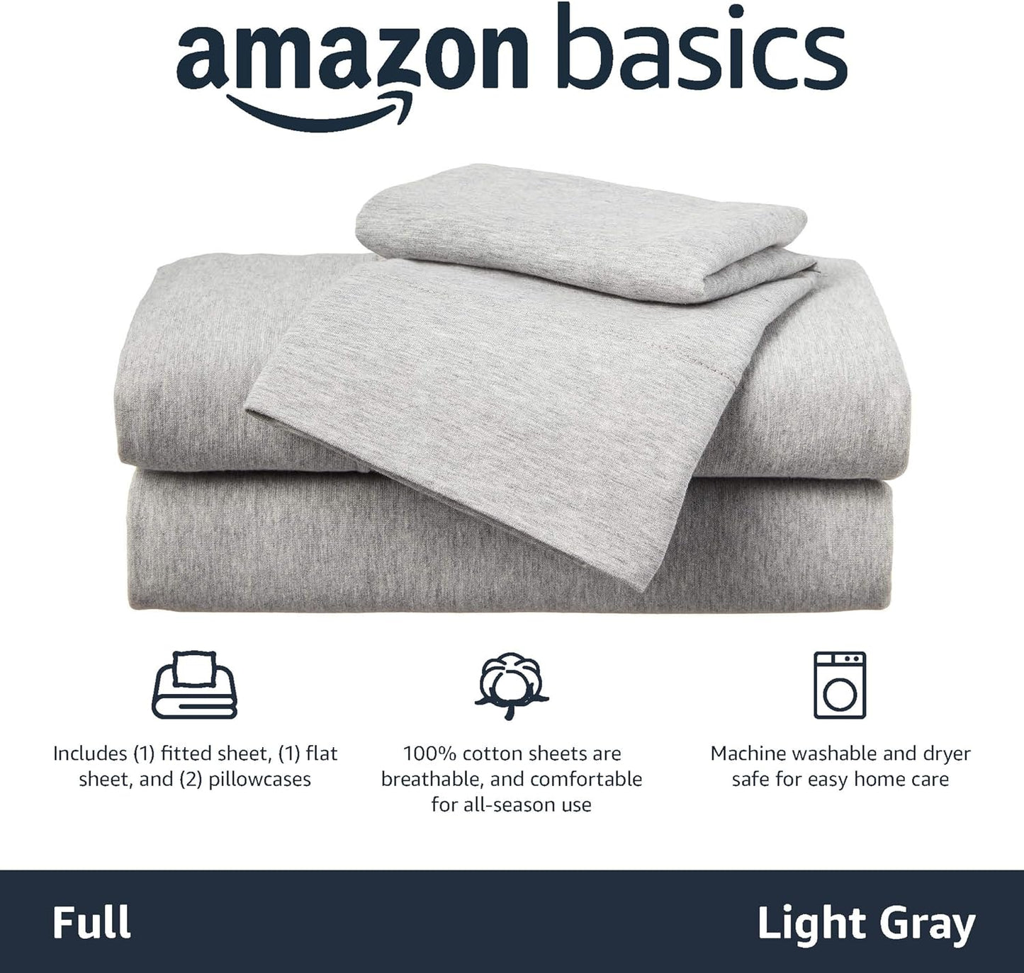 Amazon Basics 4 Piece Bed Sheet Set, 100% Cotton Jersey, Includes Super Soft, Flat and Fitted Sheets, Pillowcase, Full, Light Gray, Solid