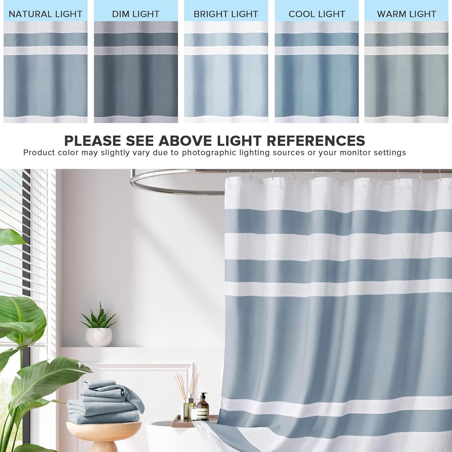 Madison Park Shower Curtain Waffle Weave Striped Pieced Design Fabric Shower Curtains for Bathroom with 3M Scotchgard Moisture Management Premium Spa Quality Modern Standard 72"x72" Blue