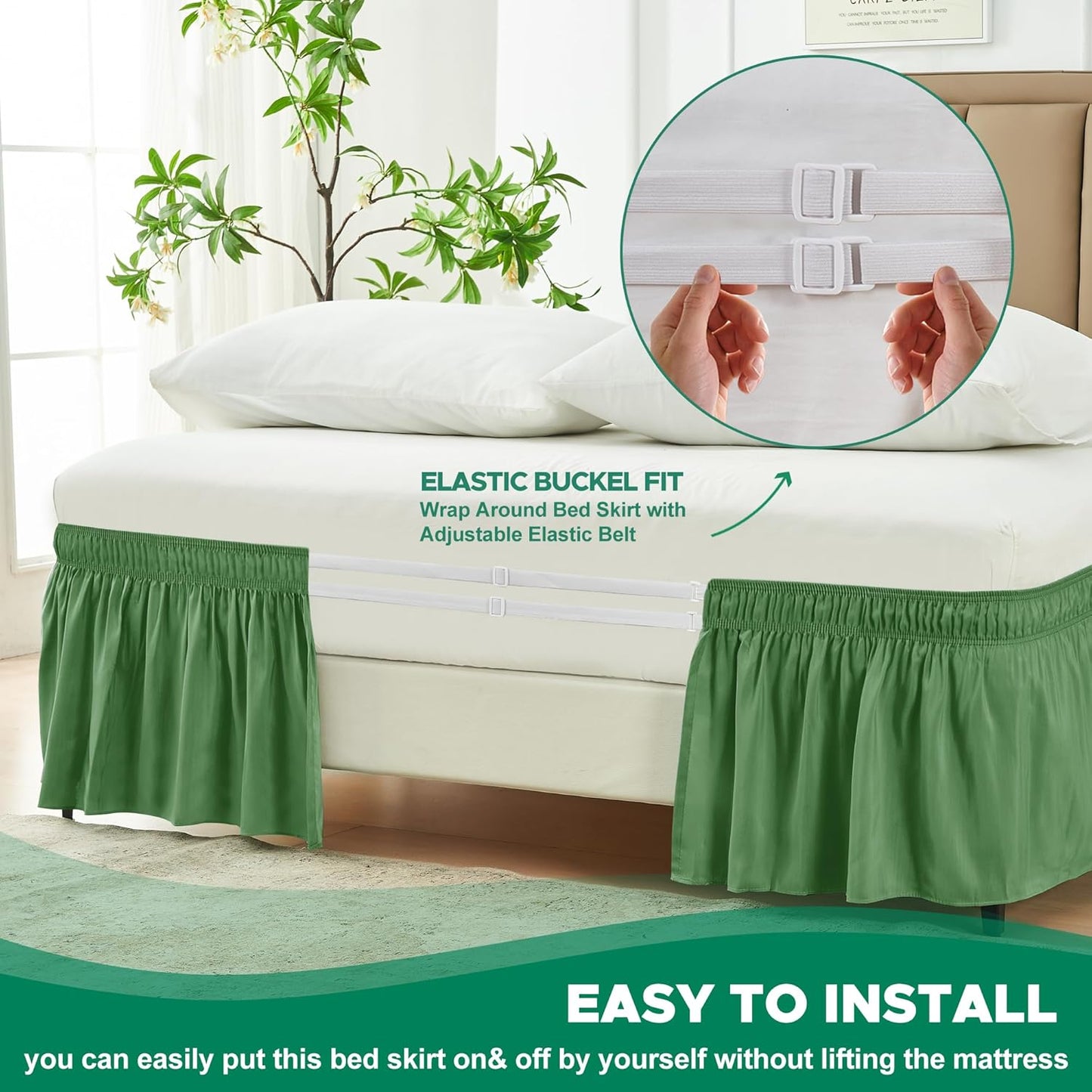 Biscaynebay Wrap Around Bed Skirts for King & Cal King Beds 18" Drop, Sage Adjustable Elastic Dust Ruffles Easy Fit Wrinkle Resistant Silky Luxurious Fabric Machine Washable