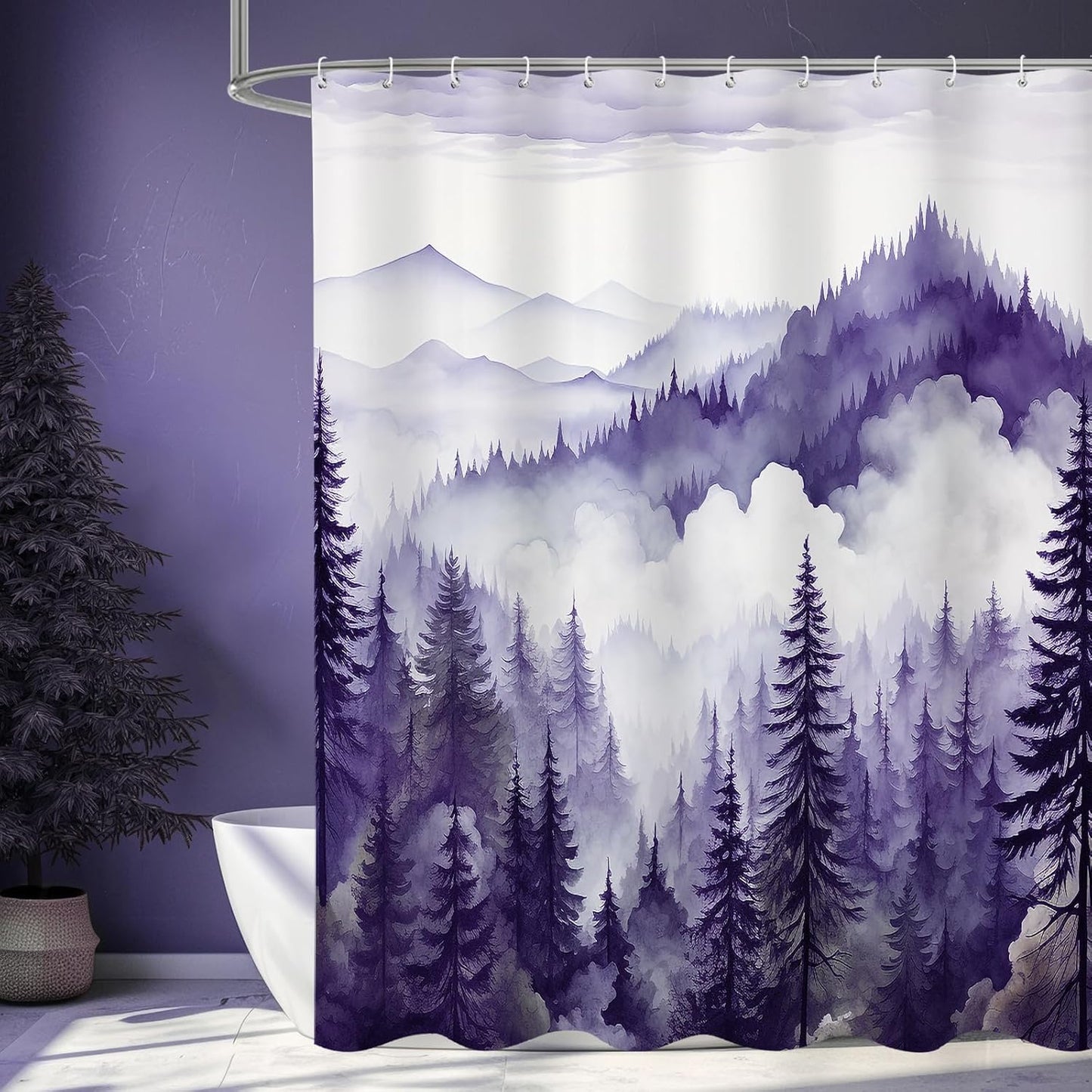 Purple Extra Long Misty Pine Forest Shower Curtain 72 x 84, XL Mountain Foggy Woodland Scenery Tree Shower Curtains for Bathroom, Abstract Waterproof Nature-Themed Decor