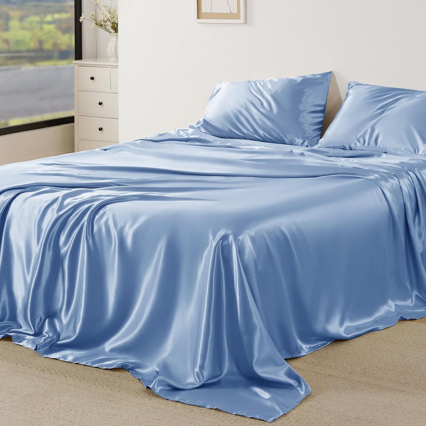 Bedsure Satin Sheets Full Size - 4 Piece Silky Bedsheets with 15 Inches Deep Pocket Fitted Bedsheet,1 Flat Sheet, 2 Satin Pillowcases, Good for Hair & Skin (Full, Sky Blue)