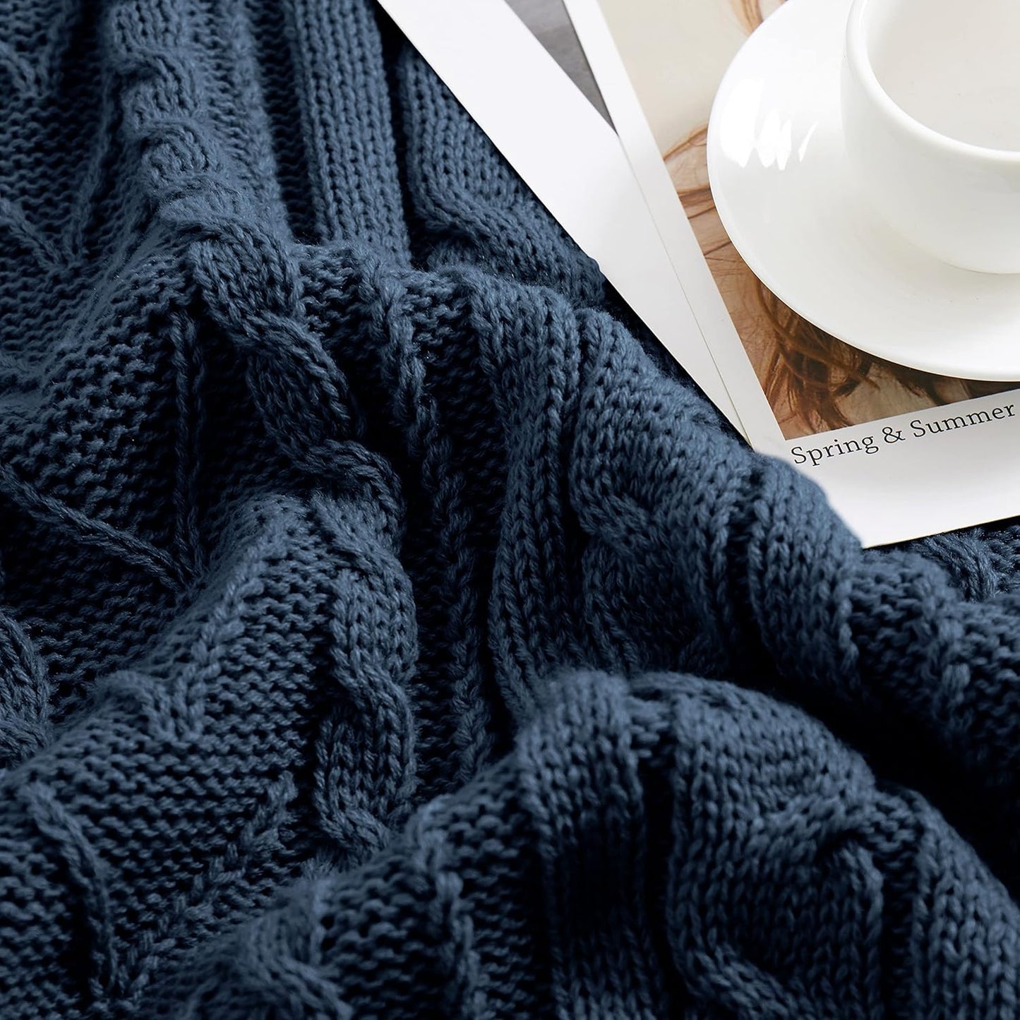 Aormenzy Navy Blue Cable Knit Throw Blanket Queen Size for Bed Couch Sofa, Super Soft Cozy Knitted Blanket 90" x 90" Bed Blankets Full Size