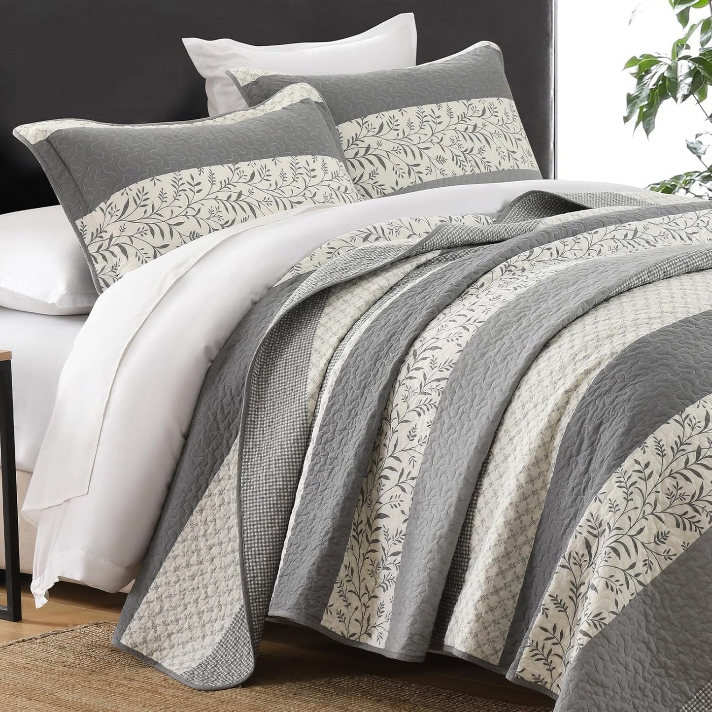 Stripe Quilts Queen Size - 100% Cotton Lightweight Quilt Bedding Set 3 Pieces, Vintage Vine Pattern Quilted Bedspread with 2 Pillow Shams, Farmhouse Printed Coverlet for All Season, Gray
