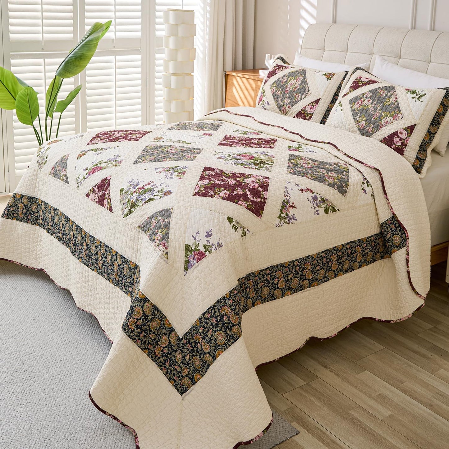 Cmfshape Floral Quilt Sets Bedspread Set 100% Cotton Patchwork Bedding Set,All Season Use Lightweight Reversible Coverlet Quilts with 2 Pillow Shams(Queen 92"x96")