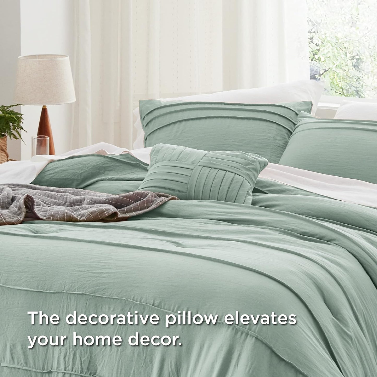 Bedsure California King Comforter Set - 4 Pieces Pinch Pleat Bed Set, Sage Green Boho Bedding for All Season, 1 Soft Comforter, 2 Pillowcases, 1 Decorative Pillow