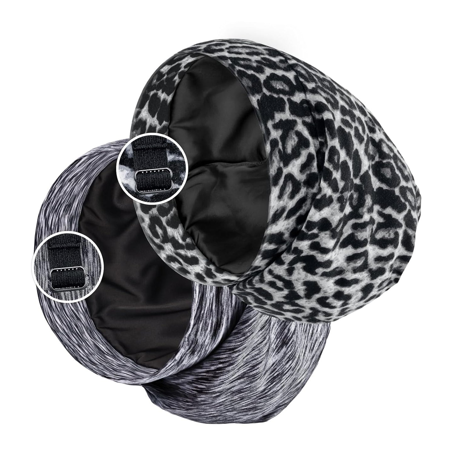 Satin Lined Sleep Cap Bonnet for Curly Hair and Braids, Stay On All Night Hair Wrap with Adjustable Strap for Women and Men, Grey and Black Leopard, Pack of 2