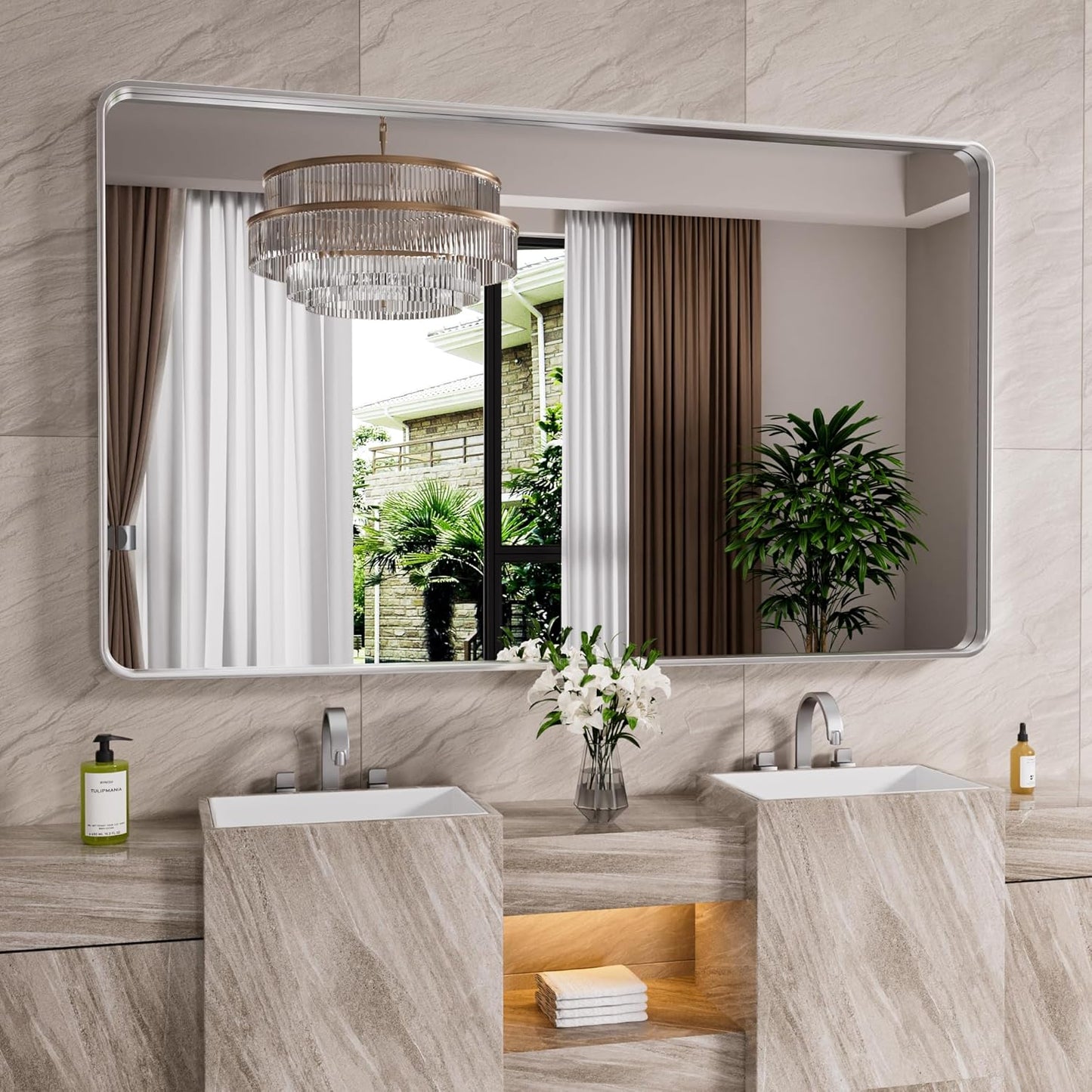 Brushed Nickel Bathroom Mirror 60x30 Inch, Brushed Silver Metal Frame Mirror Wall Mounted, Rounded Rectangle Bathroom Vanity Mirror, Tempered Glass, Anti-Rust, Horizontal/Vertical