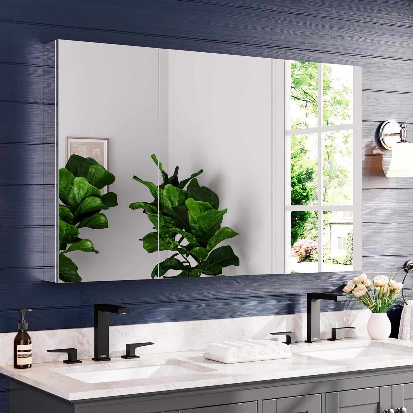 Medicine Cabinet 48" x 30", Bathroom Medicine Cabinet with Mirror, Recessed Medicine Cabinets with Adjustable Shelves, Soft-Closing Door, and Aluminum Alloy Frame - Reverse Installation, Silver