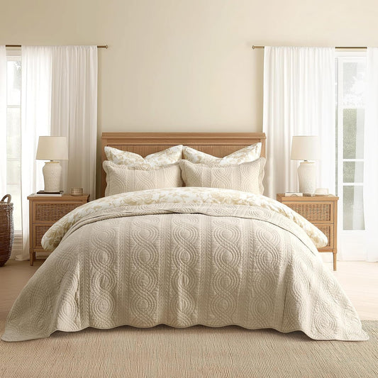 EVERGRACE 100% Cotton Scallop Quilt Set, Queen Size 3 Piece Set – Lightweight Bedspread with 2 Shams, Soft Prewashed Matelasse Coverlet for Cozy and Elegant Bedding, Flax Beige