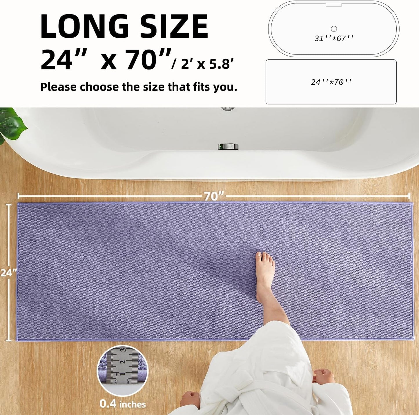 Bathroom Runner Rugs, Long Bath Mat Runner Washable Thin Quick Dry Low Pile Bathroom Runner Rugs Non Slip, Lavender 24"x70"