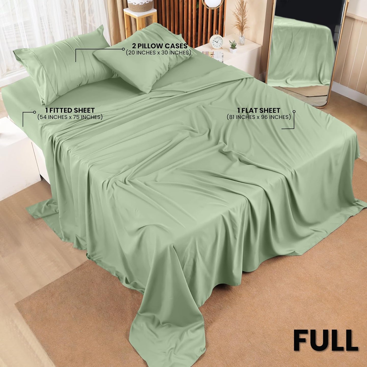 Utopia Bedding Full Sheet Set – 4 Piece Bed Sheets for Full Size Bed, Soft and Breathable Microfiber, Includes 1 Fitted Sheet, 1 Flat Sheet and 2 Pillowcases (Sage)