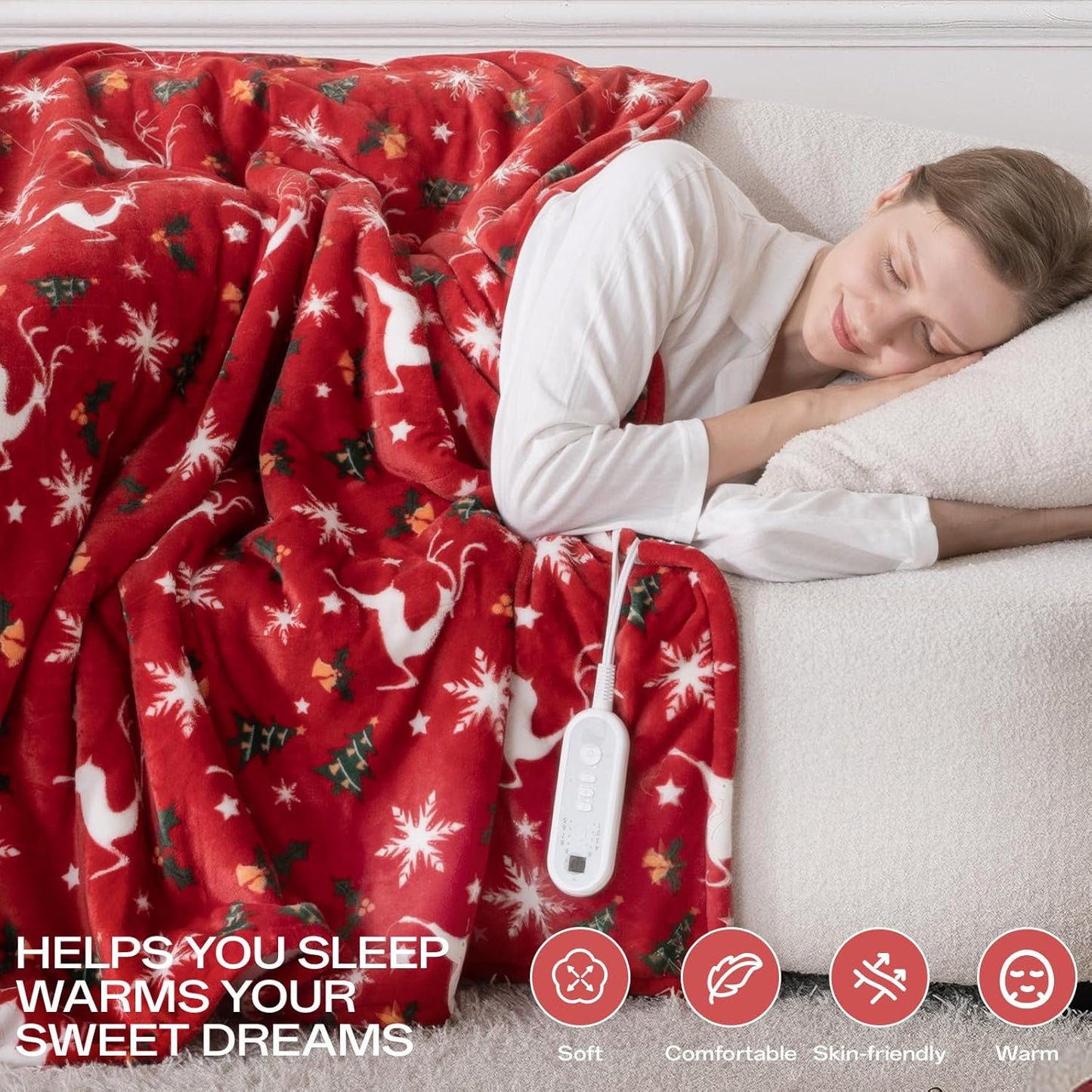 Electric Blanket Heated Throw, Soft Flannel Christmas Heated Blanket with 8 Hours Auto Off & 8 Fast Heating Levels Machine Washable Sherpa Heating Blanket with Overheating Protection Gift for Women