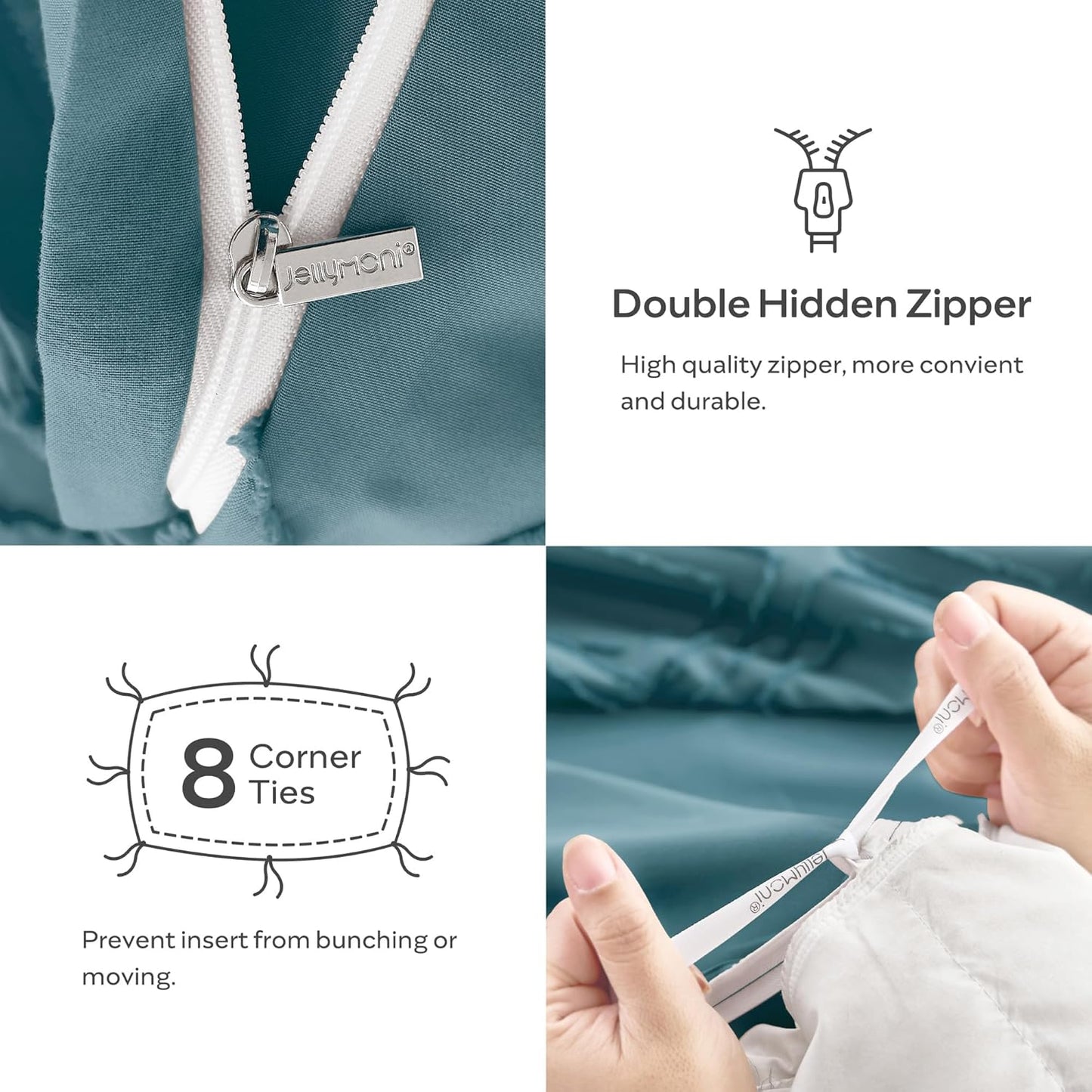 JELLYMONI Duvet Cover Queen Size Grayish Blue - 3PCS Boho Duvet Cover Set Plaid Polyester Tufted Bohemian Jacquard Knit Textured Comforter Cover 90×90in Rhombic Geometric Pattern Zipper Corner Tie