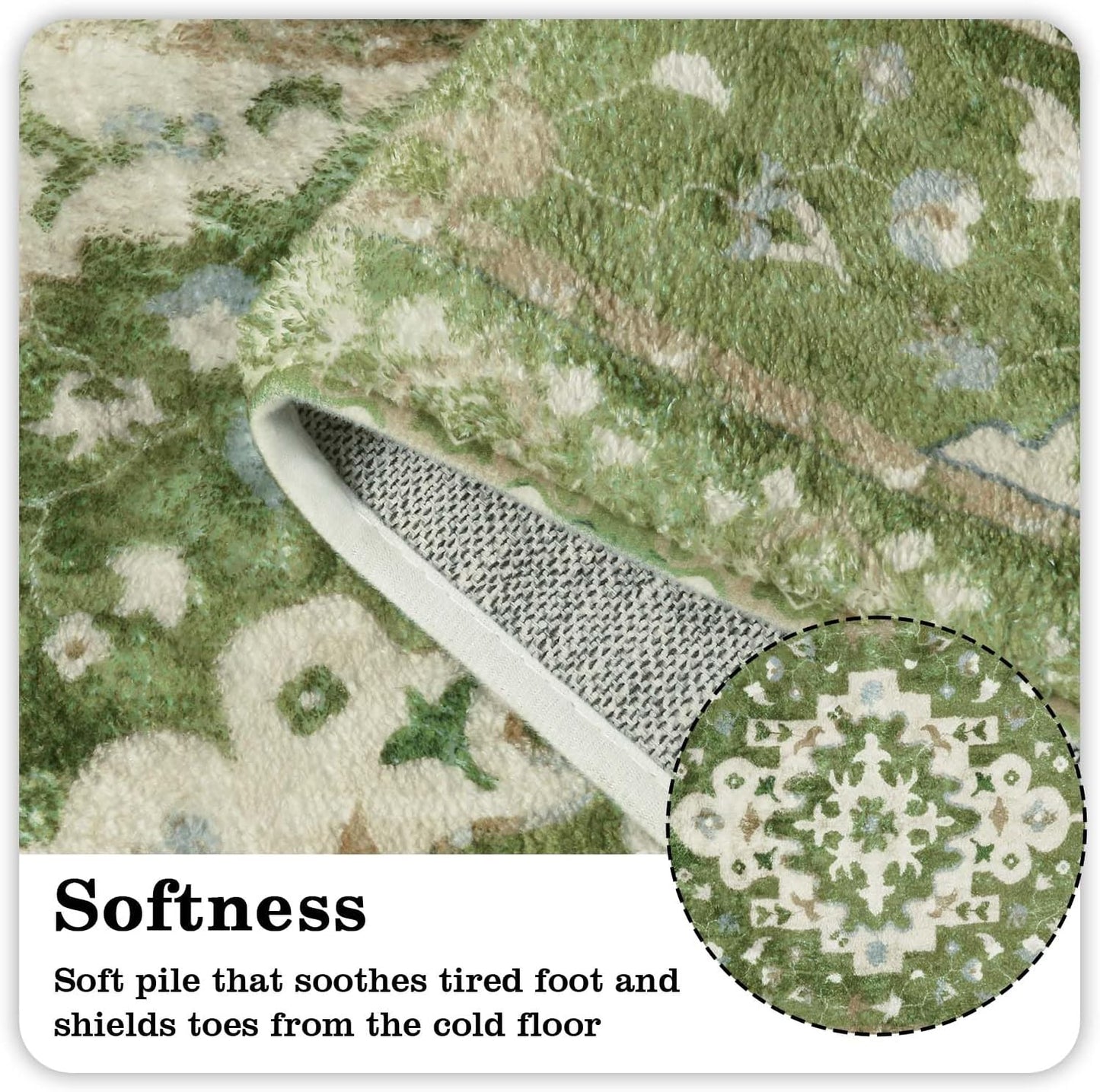 Uphome Vintage Bathroom Runner Rug Sage Green Boho Non-Slip Kitchen Runner Oriental Soft Machine Washable Hallway Rug Tribal Floral Aesthetic Shower Mat for Bedroom Entryway Kids Room, 24x71 inch