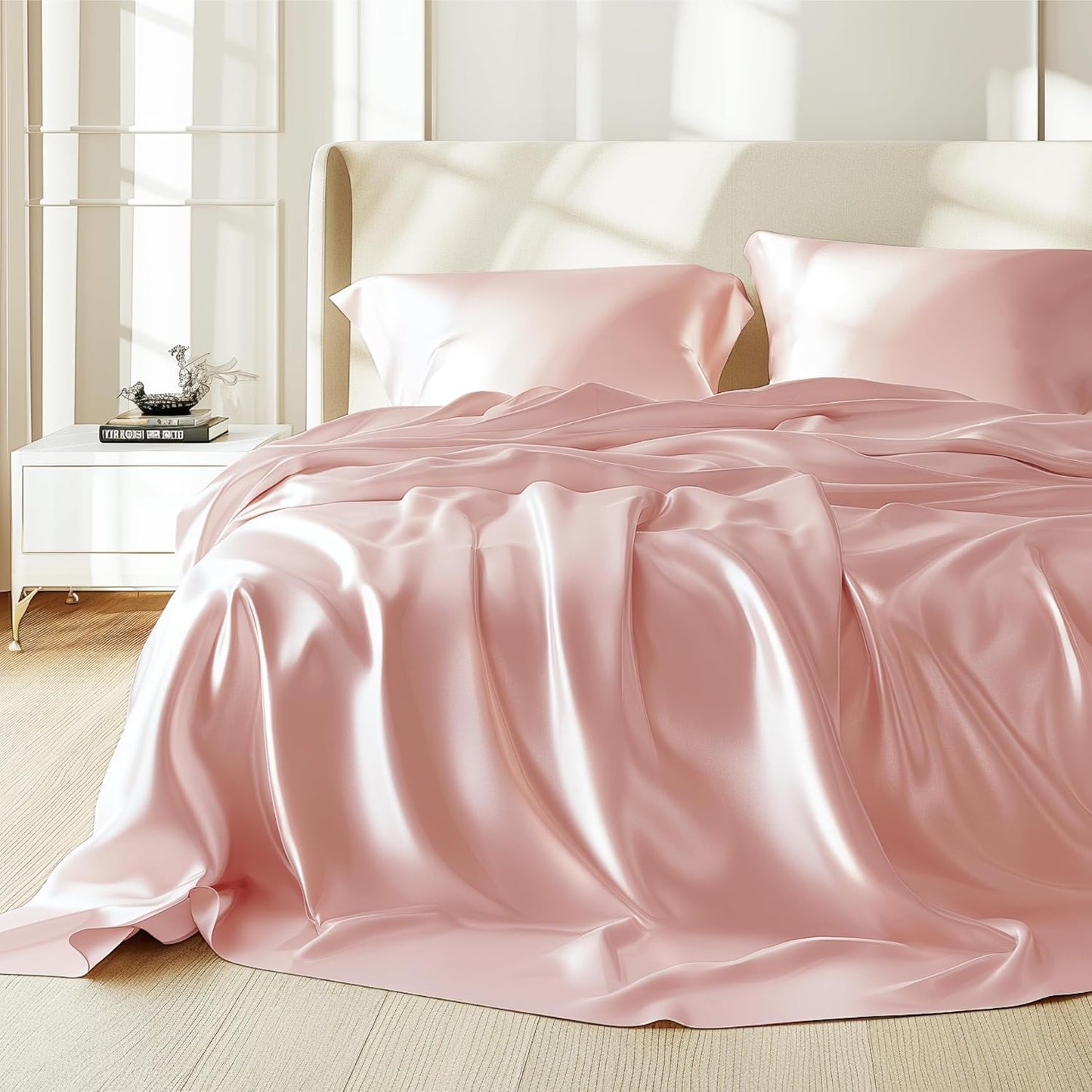 Bedsure Pink Satin Sheets King Size - 4 Piece Silky Bedsheets with 15 Inches Deep Pocket Fitted Bedsheet,1 Flat Sheet, 2 Satin Pillowcases, Good for Hair & Skin (King, Pink)