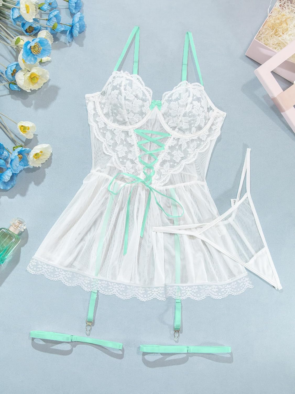 Lilosy Sexy Garter Belt Mesh Lace Babydoll Lingerie Dress Set with Thong