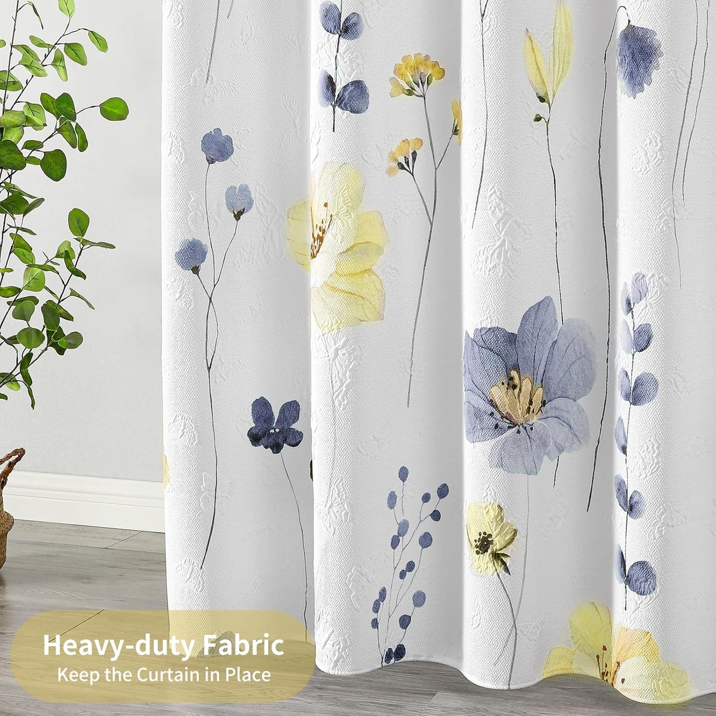 QiyI Extra Long Shower Curtain 72 x 84, Modern Watercolor Floral Shower Curtain, 3D Embossed Blue Yellow Flower Cloth Bathroom Curtain, Waterproof Fabric Farmhouse Bath Curtain Set with Hooks