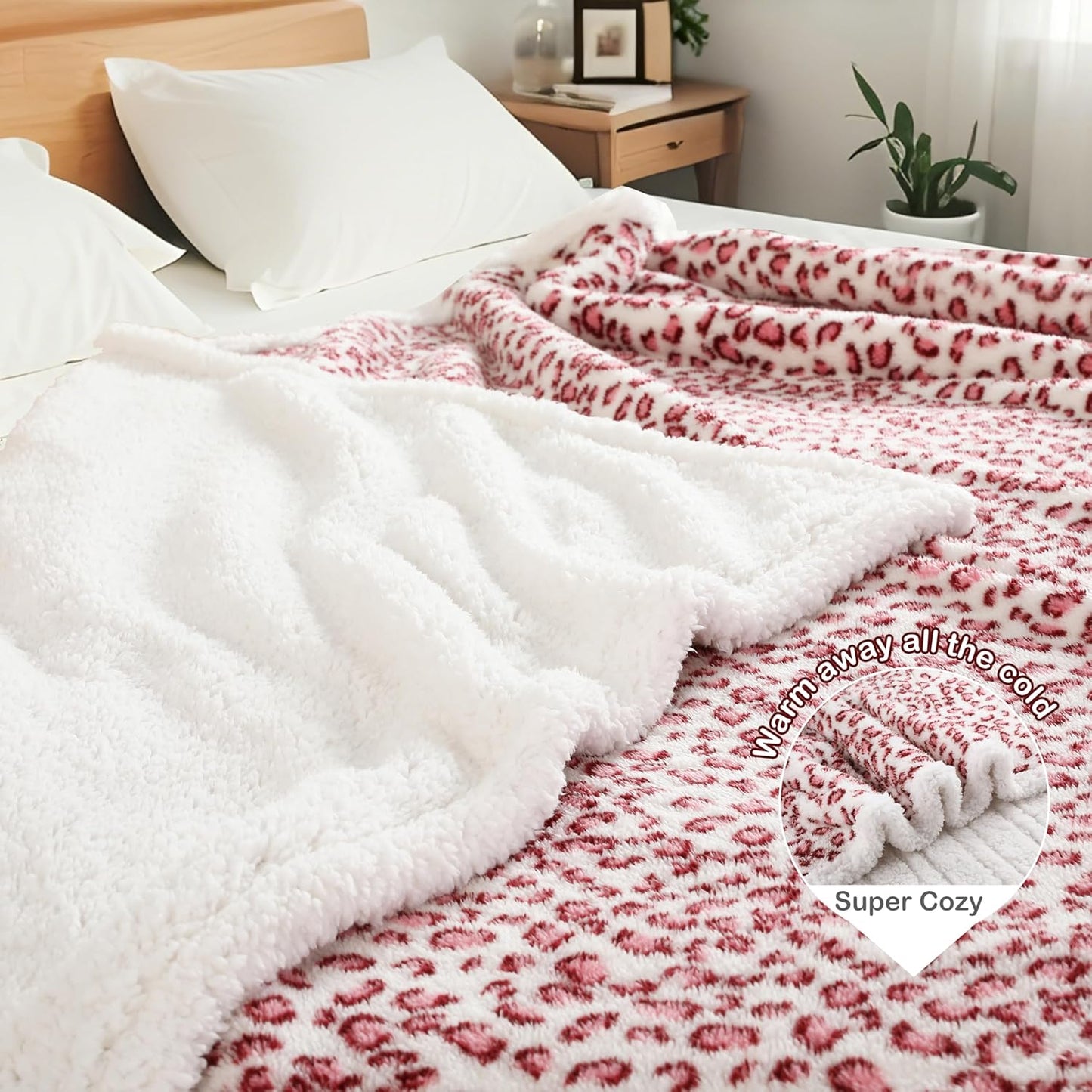 Electric Heated Blanket Full Size 72×84, 10H Auto Off & 6 Heating Settings Fluffy Ultra Soft Warmth Lightweight Cozy Plush Sherpa Machine Washable, Fast Heating, Home Office Leopard Print Pink & White