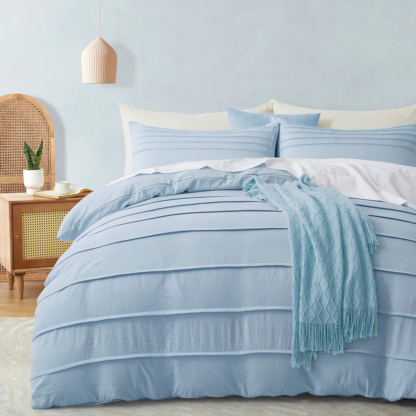Oli Anderson Airy Blue Duvet Cover King Size - Pleated King Duvet Cover, 3PCS Soft and Breathable Textured Bedding Set with Zipper Closure(Airy Blue,104"x90")