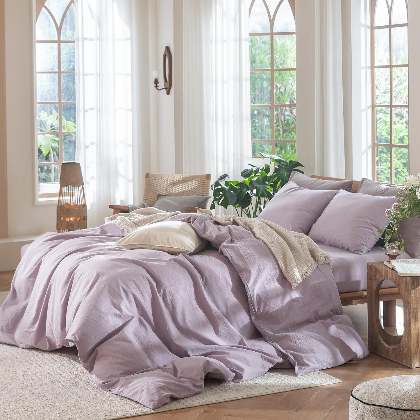 MooMee Bedding Duvet Cover Set 100% Washed Cotton Linen Like Textured Breathable Durable Soft Comfy (Heathered Light Purple, Cal King 104"x98")