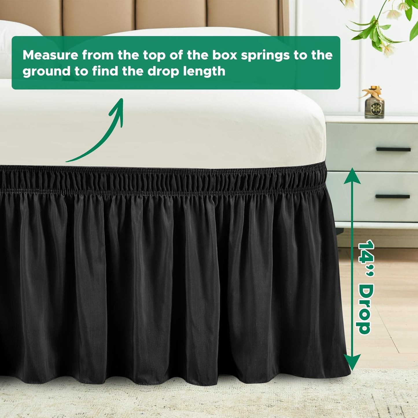 Biscaynebay Wrap Around Bed Skirts for King & Cal King Beds 14" Drop, Black Adjustable Elastic Dust Ruffles Easy Fit Wrinkle & Fade Resistant Silky Luxurious Fabric Solid Machine Washable