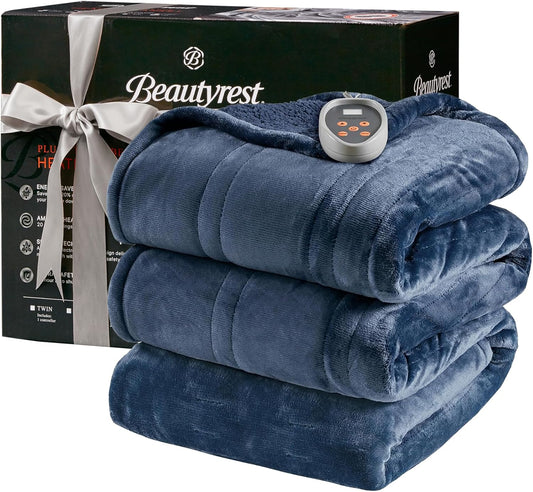 Beautyrest Auto Shut Off, Virtually Zero EMF, Multi Heat Setting, UL Certified, Machine Washable Reversible Microlight to Sherpa Electric Blanket, Full, Indigo