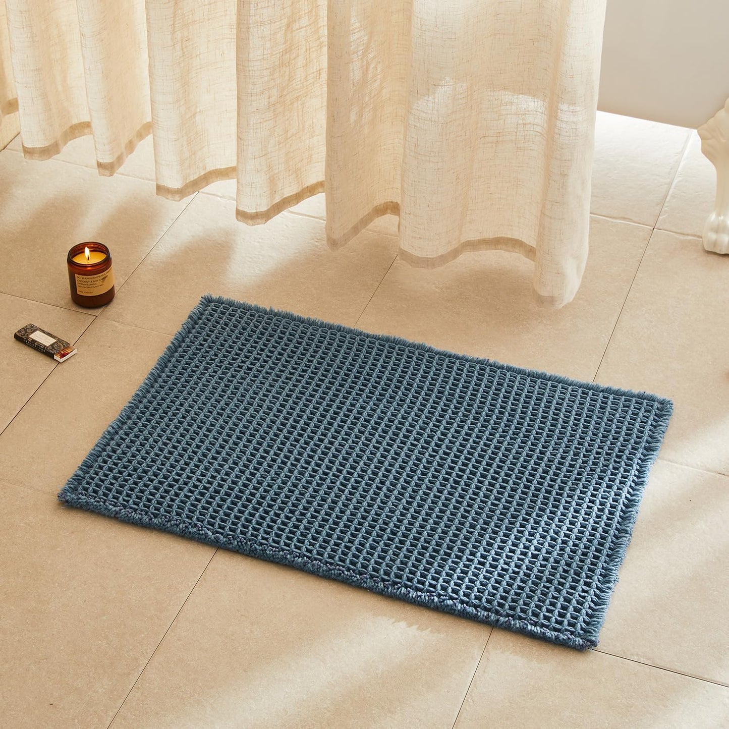 Waffle Bath Mat, Boho Bathroom Rugs Non Slip Washable Super Absorbent Quick Dry Bath Mat Farmhouse Bathroom Decor, 30"x20" Denim Blue