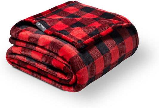 Bare Home Textured Fleece Blanket - Throw/Travel - Ultra-Soft Lightweight for Bed, Sofa, and Couch - Luxury Microplush - Cozy Warm Blanket (Throw/Travel, Buffalo Plaid - Red/Black)