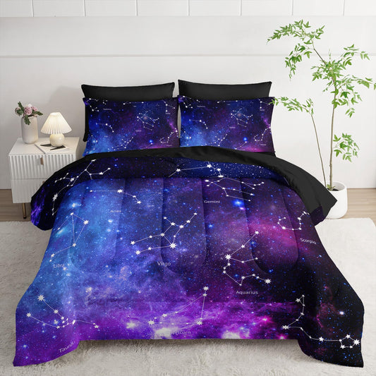 7pc Space Comforter Set - Galaxy Bedding, Starry Night Bed in a Bag, Includes Sheets, Soft Microfiber, All Season, Twin Size
