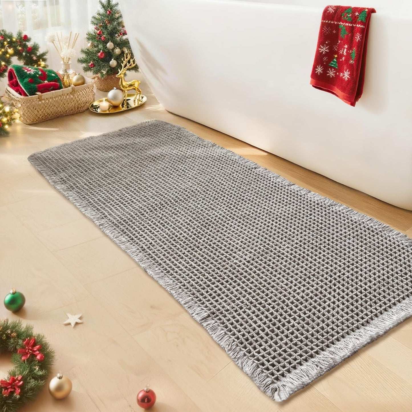 Waffle Runner Bath Mat - Long Boho Bathroom Rugs Non Slip Washable, Super Absorbent & Quick Dry, Soft Bath Mat Farmhouse Bathroom Decor, 24'' x 60'', Light Grey