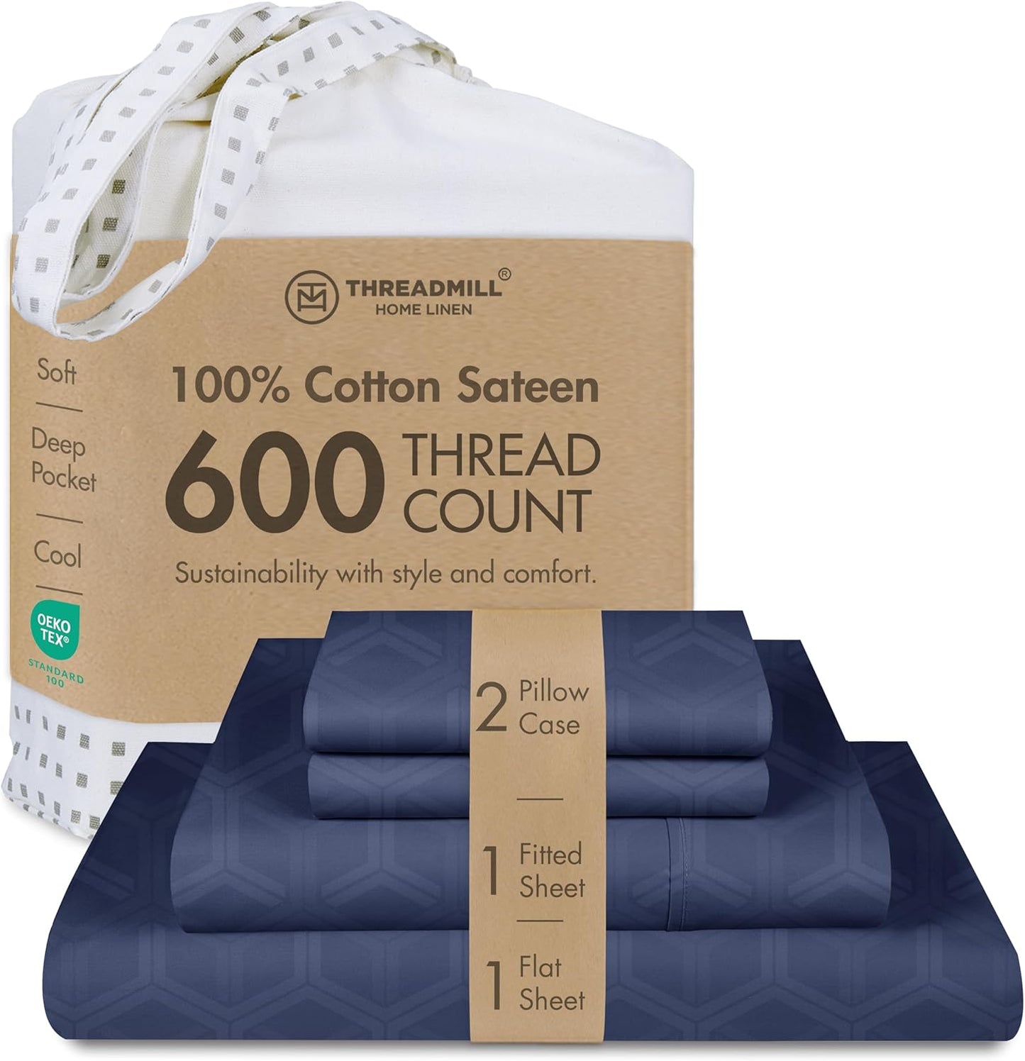 Threadmill 100% Cotton Sheets for King Size Bed - 600 Thread Count King Bed Sheets Set with 16” Deep Pocket - Jacquard Sateen Weave 4-Piece Bedding Set with Cooling Effect, Folkstone Blue