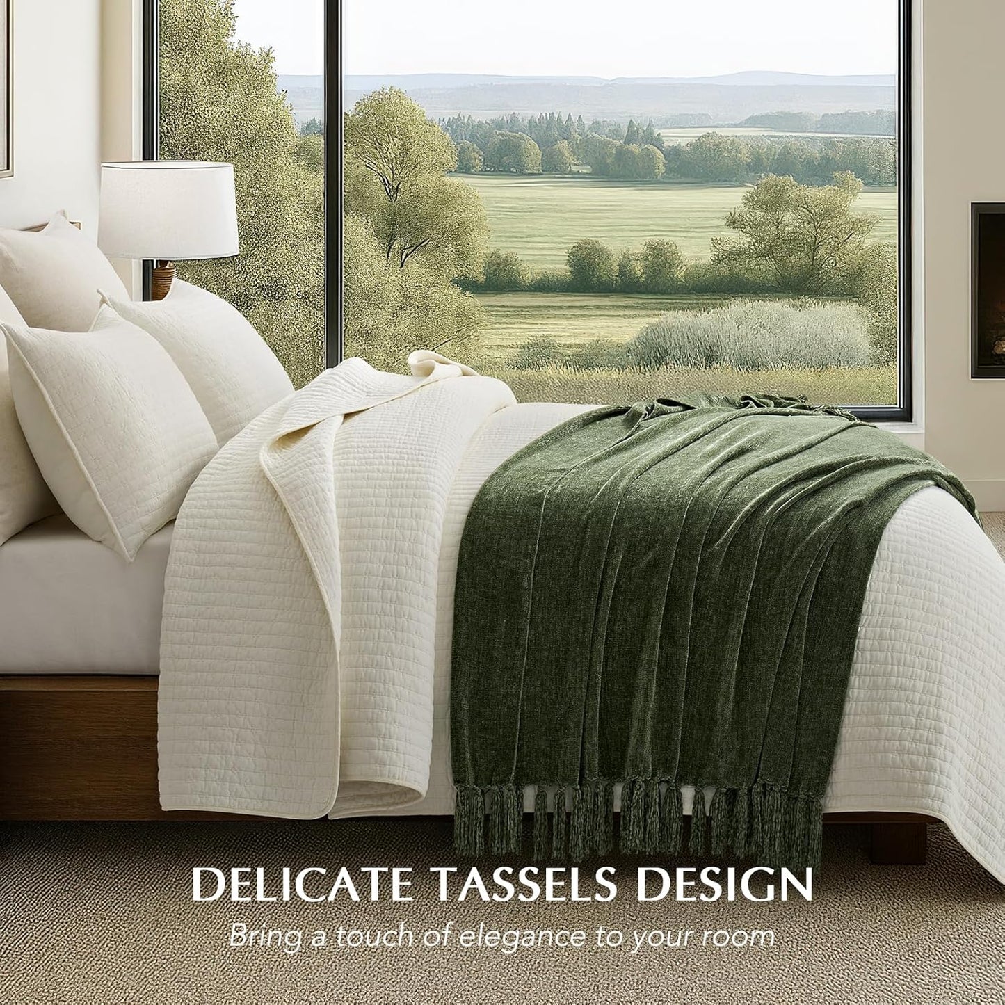 EVERGRACE Soft Chenille Throw Blanket for Couch, Cozy Plush Fuzzy Decorative Chenille Knit Throw Blanket with Tassels, Lightweight Blanket and Throws for Bed Sofa Gift Home Decor, Olive Green 60"x80"