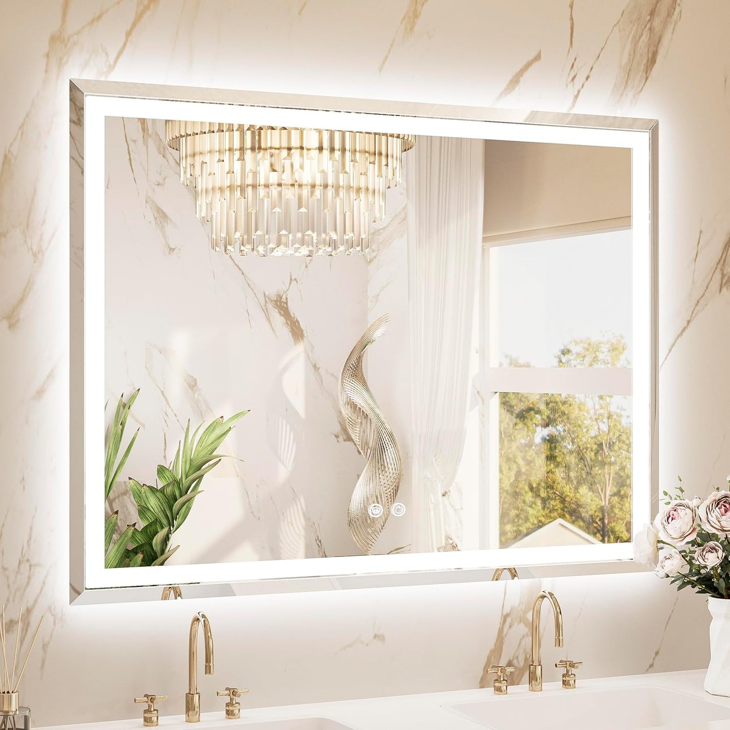 TETOTE 48 x 36 Inch Led Lighted Bathroom Mirror with Lights, Beveled Front and Backlit Extra-Bright Light up Mirror for Bathroom Wall, 3-Color Dimmable, Defogging, Tempered Glass, Waterproof
