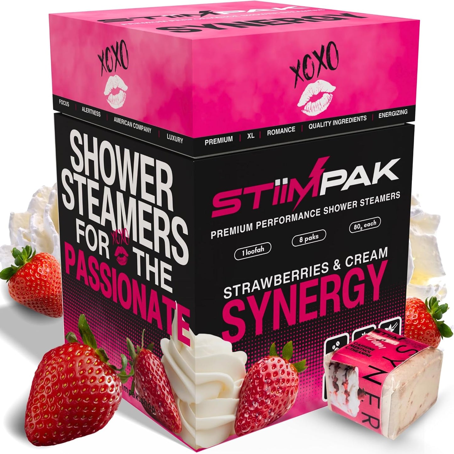 Shower Steamers | Stocking Stuffers | SYNERGY | XXL 80g | Intimacy & Self Care Aromatherapy | Caffeine, L-Theanine & Menthol | Christmas Gift for Women | Strawberry Vanilla | STiiMPAK (8 Pak + Loofah)