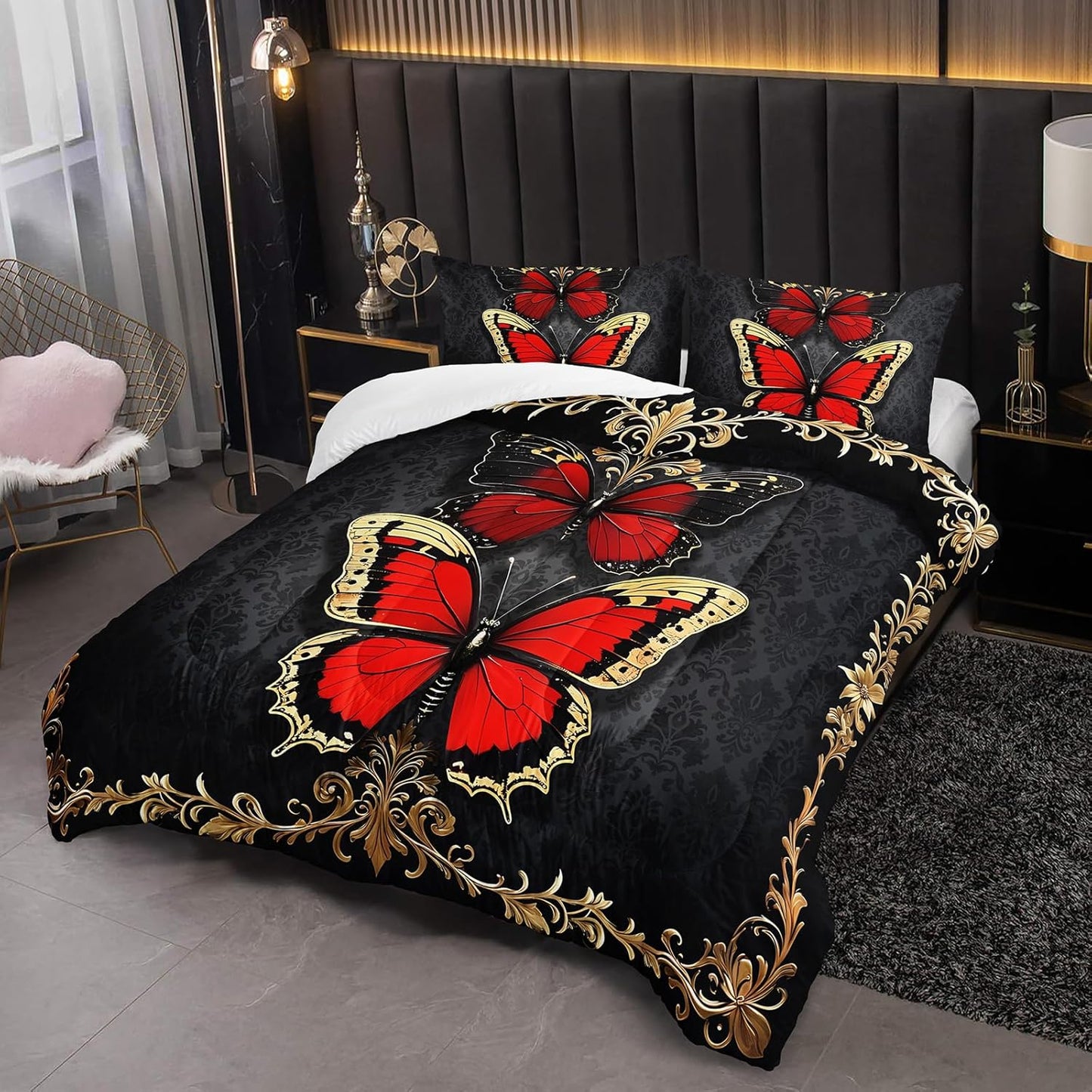 Red and Gold Butterfly Comforter Sets Full Size Bed Set，Gothic Full Size Bedding Set，with 1 Comforter with 2 Pillow Case，Butterfly Themed Bedroom Decor