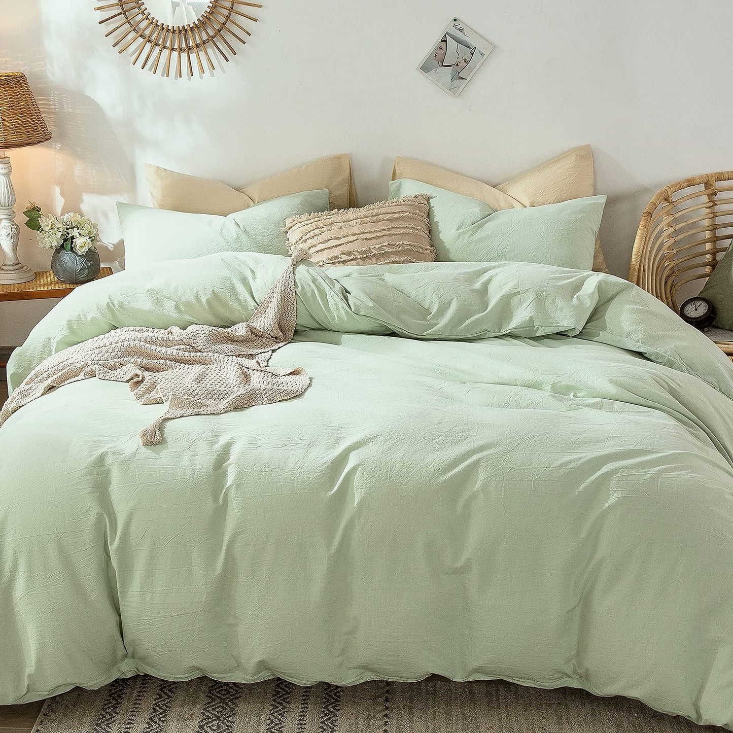 MooMee Bedding Duvet Cover Set 100% Washed Cotton Linen Like Textured Breathable Durable Soft Comfy (Heathered Seaglass Green, Cal King 104"x98")