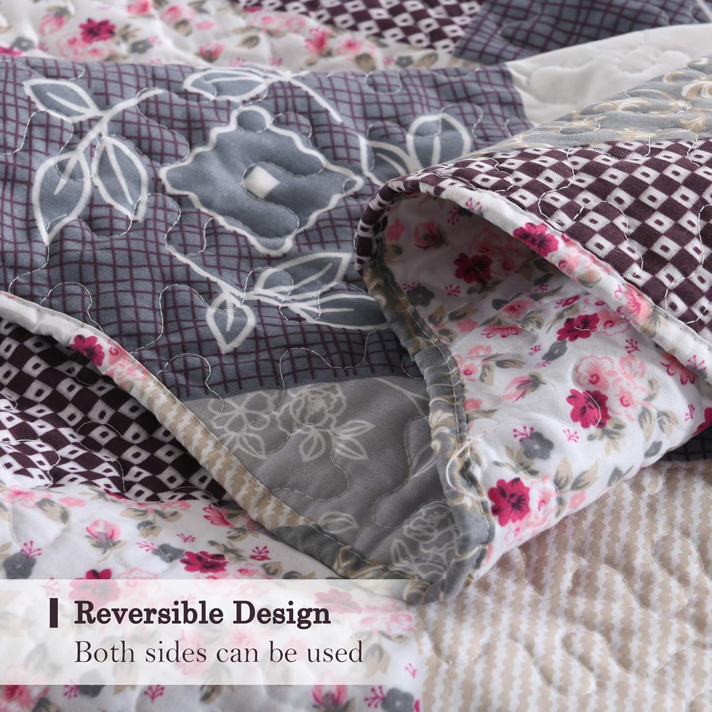 ENJOHOS Farmhouse Quilts King Size - King Quilt Set Grey Bedspread Reversible Patchwork Floral Coverlet Set, Microfiber Lightweight Country Quilts Bedding Set with 2 Pillow Shams（Grey Flower Plaid2）