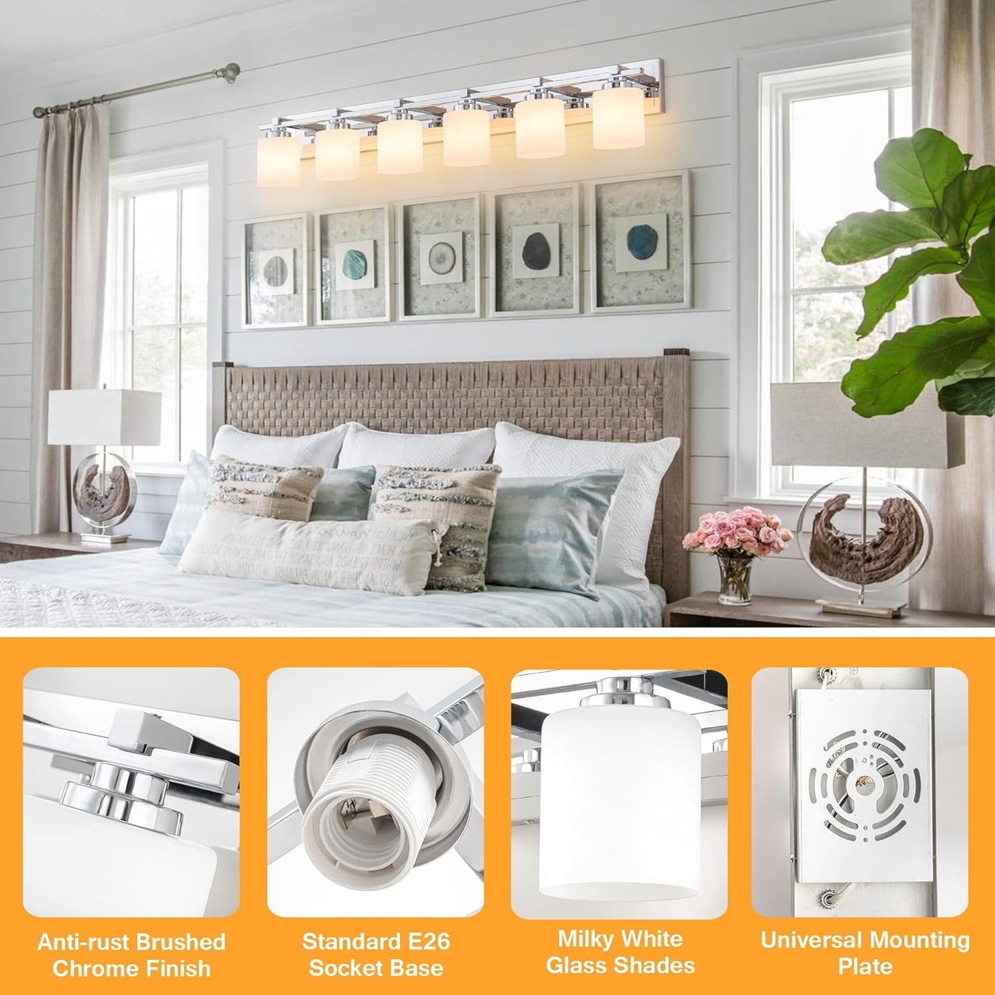 6 Light Modern Bathroom Light Fixtures Over Mirror, Chrome Vanity Lights for Bathroom Wall Sconces with Milky White Glass Shades, E26 Socket (Bulbs Not Included)