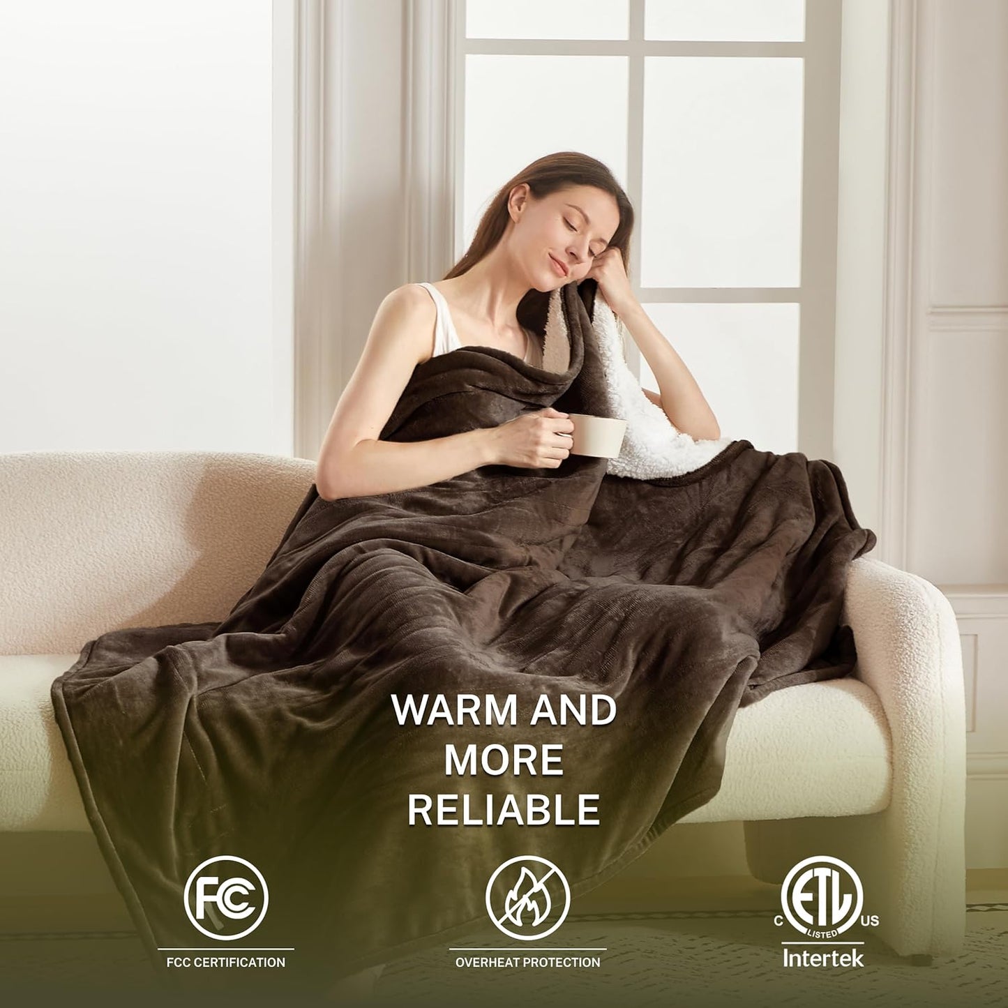 Heat Blanket 72”x84” Full Size,Soft Flannel & Sherpa Reversible Electric Blanket with 10 Heat Settings,12 Timer Setting and 8 Hours Auto-Shut Off,ETL Certified Machine Washable,Dark Brown