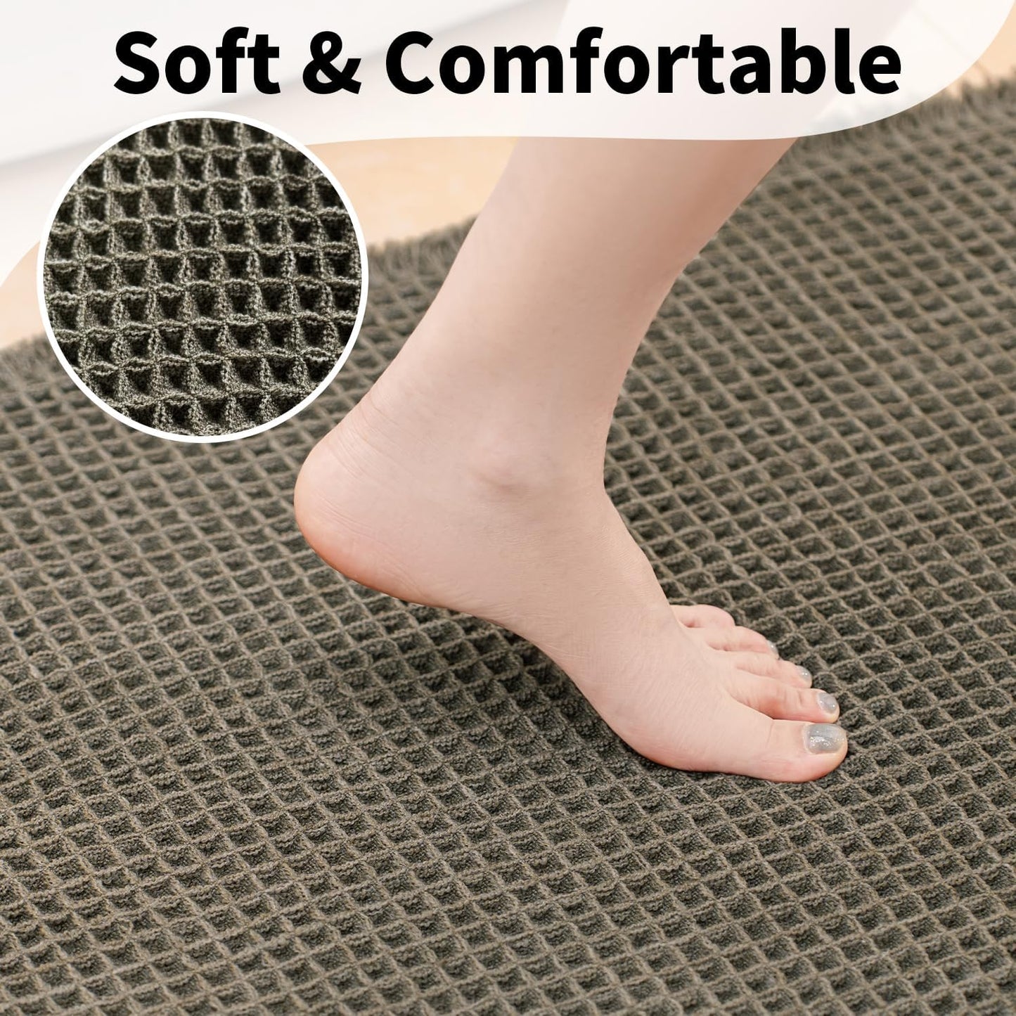 Waffle Bath Mat - Boho Bathroom Rugs Non Slip Washable, Super Absorbent & Quick Dry, Soft Bath Mat Farmhouse Bathroom Decor, 20'' x 32'', Olive Green
