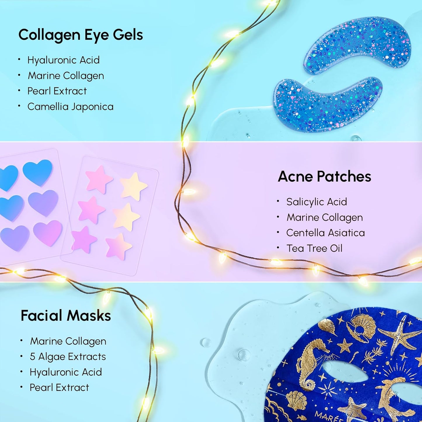 MAREE Holiday Skincare Gift Set — Under Eye Patches, Collagen Face Mask & Cute Pimple Patches for Face — Christmas Gifts & Stocking Stuffers for Women and Men — Top Christmas Gifts for Mom & Coworkers