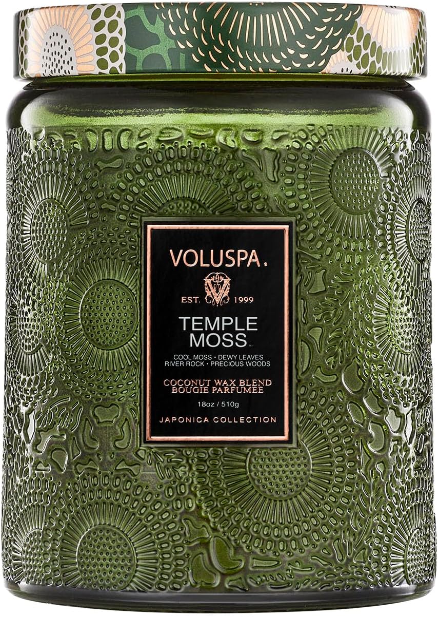 Voluspa Temple Moss, Large Candle Jar, 18oz, Coconut Wax Blend, Scented Candles for Home, 100 Hour Burn Time, Handcrafted in the USA