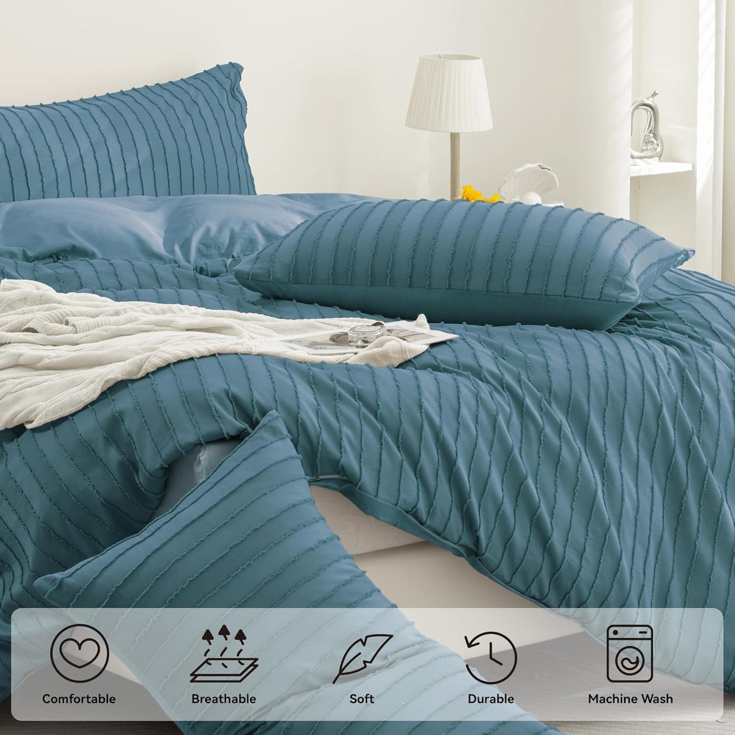 JELLYMONI Duvet Cover Twin Size Grayish Blue - 3PCS Boho Striped Duvet Cover Set Polyester Tufted Bohemian Textured Comforter Cover 68×90in with Corner Ties & Zipper and 2 Pillowcases